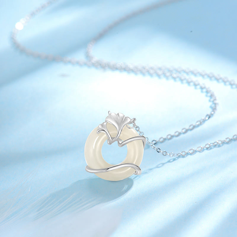 Hetian Jade 925 Sterling Silver Peace Buckle Ginkgo Leaf Necklace Pendant