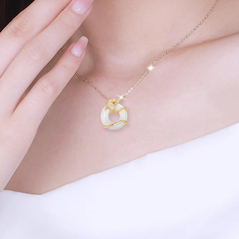 Hetian Jade 925 Sterling Silver Peace Buckle Ginkgo Leaf Necklace Pendant