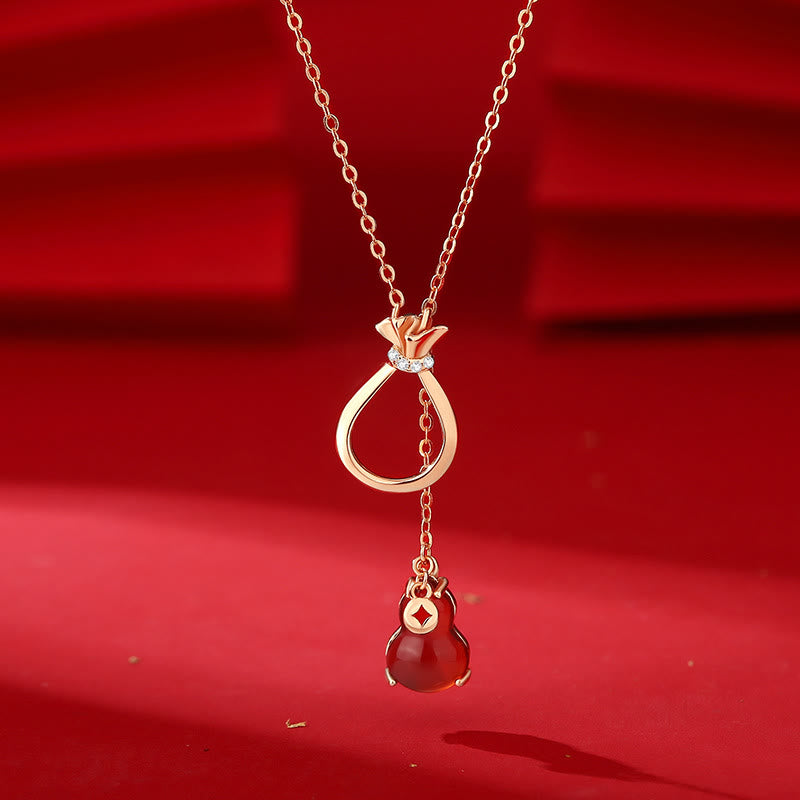 Red Agate Chalcedony 925 Sterling Silver Gourd Lucky Bag Confidence Necklace Pendant