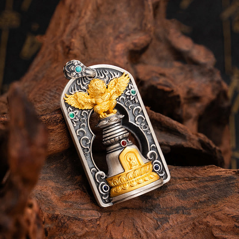 925 Sterling Silver Tibetan Garuda Bird Vajra Dorje Bell Protection Necklace Pendant