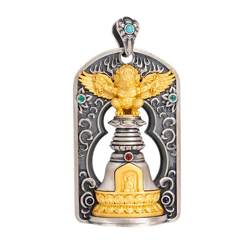 925 Sterling Silver Tibetan Garuda Bird Vajra Dorje Bell Protection Necklace Pendant