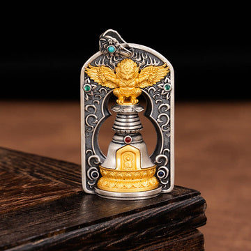 925 Sterling Silver Tibetan Garuda Bird Vajra Dorje Bell Protection Necklace Pendant