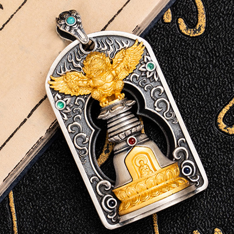 925 Sterling Silver Tibetan Garuda Bird Vajra Dorje Bell Protection Necklace Pendant