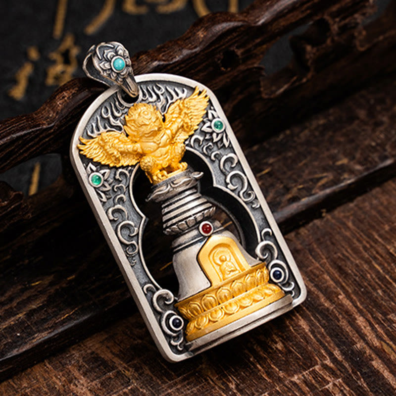 925 Sterling Silver Tibetan Garuda Bird Vajra Dorje Bell Protection Necklace Pendant