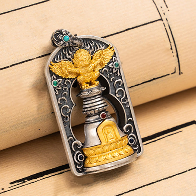 925 Sterling Silver Tibetan Garuda Bird Vajra Dorje Bell Protection Necklace Pendant