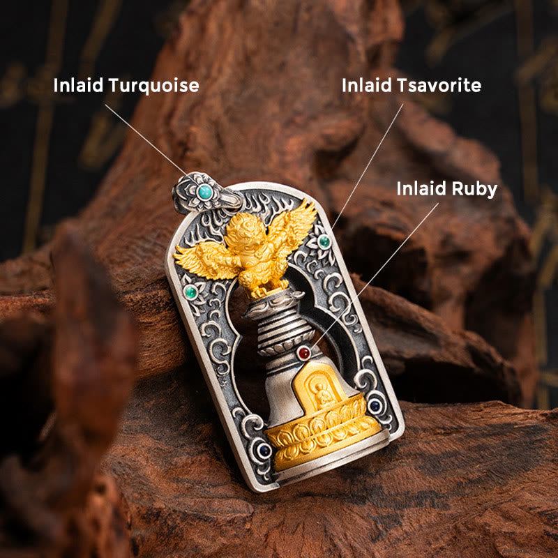 925 Sterling Silver Tibetan Garuda Bird Vajra Dorje Bell Protection Necklace Pendant
