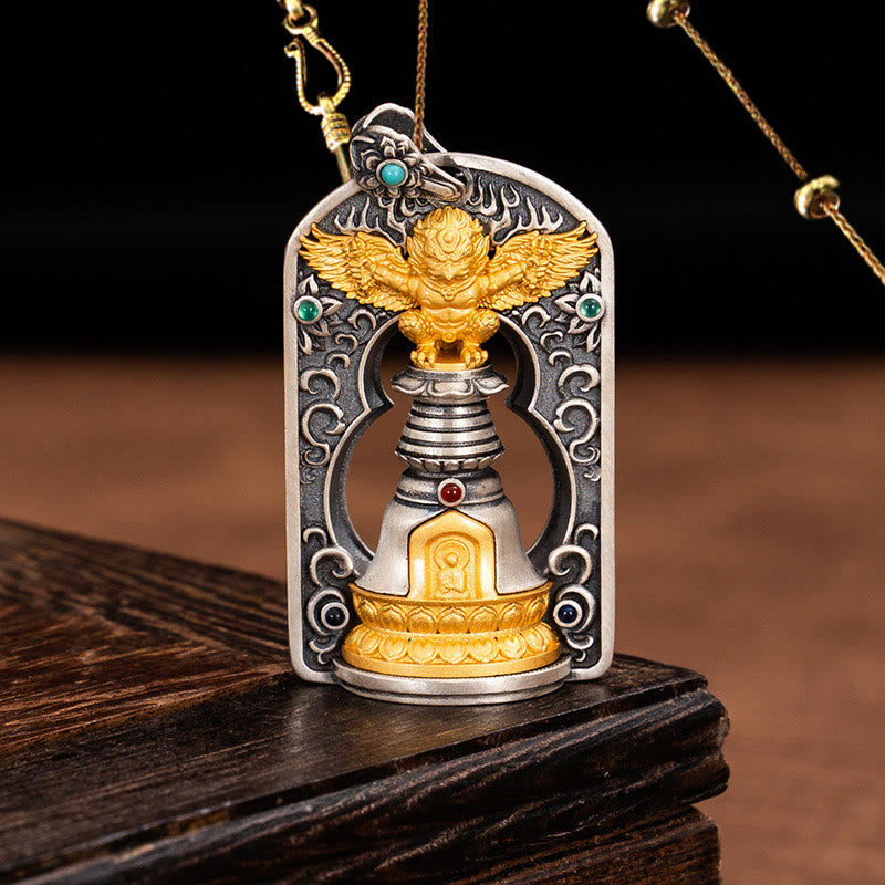 925 Sterling Silver Tibetan Garuda Bird Vajra Dorje Bell Protection Necklace Pendant