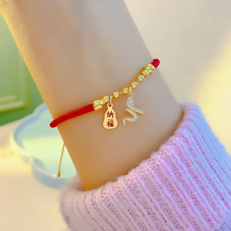 Handmade Braided Red String Year of the Snake Fu Character Pendant Bracelet