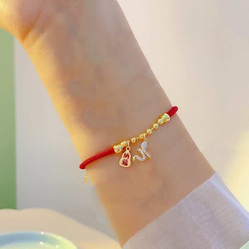 Handmade Braided Red String Year of the Snake Fu Character Pendant Bracelet
