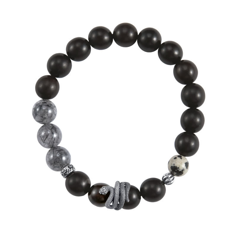Ebony Wood Black Rutilated Quartz 925 Sterling Silver Year Of The Snake Balance Bracelet
