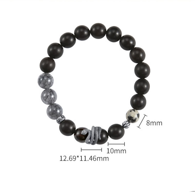 Ebony Wood Black Rutilated Quartz 925 Sterling Silver Year Of The Snake Balance Bracelet