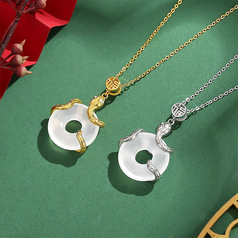 Chalcedony Peace Buckle 925 Sterling Silver Fu Character Year Of The Snake Positive Necklace Pendant