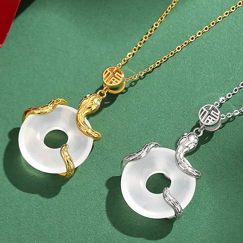 Chalcedony Peace Buckle 925 Sterling Silver Fu Character Year Of The Snake Positive Necklace Pendant