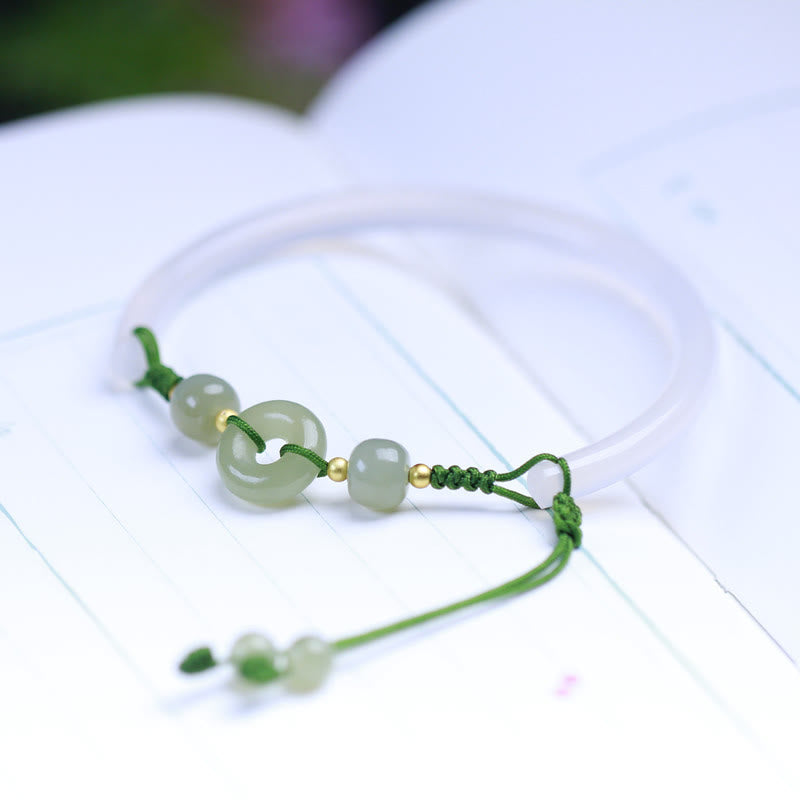 Natural White Agate and Hetian Jade Ping An Kou Peace Buckle Bangle Bracelet
