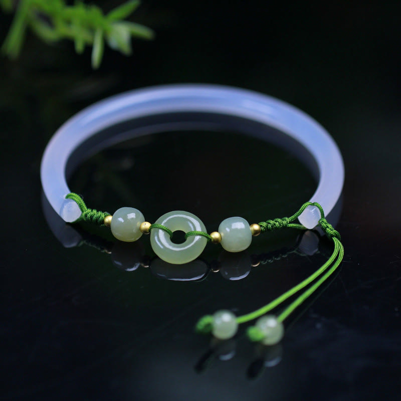 Natural White Agate and Hetian Jade Ping An Kou Peace Buckle Bangle Bracelet