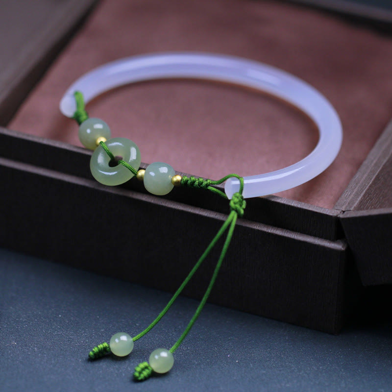 Natural White Agate and Hetian Jade Ping An Kou Peace Buckle Bangle Bracelet