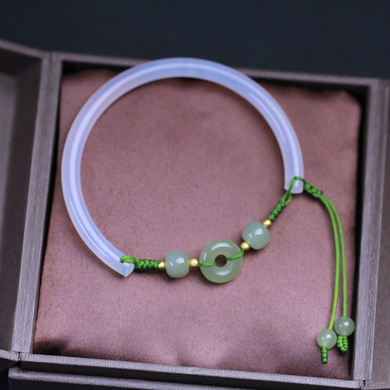 Natural White Agate and Hetian Jade Ping An Kou Peace Buckle Bangle Bracelet