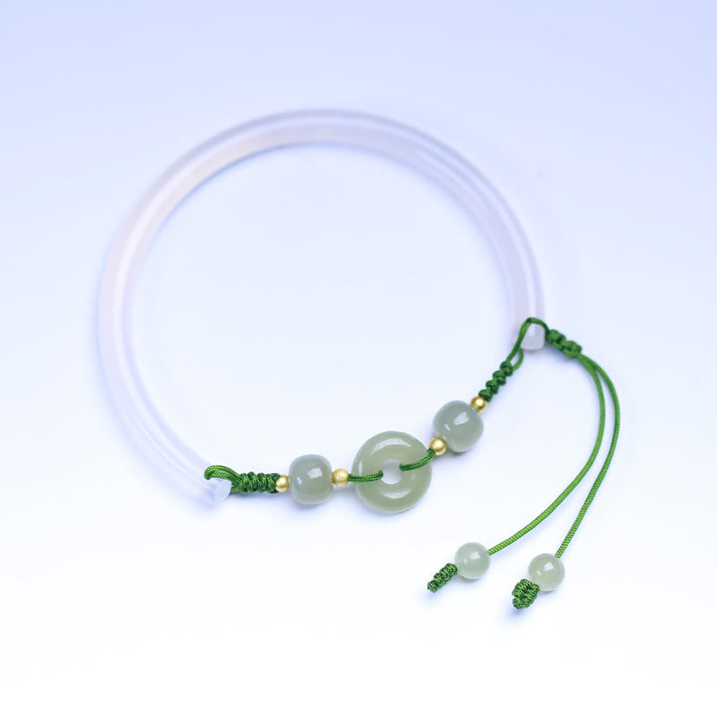 Natural White Agate and Hetian Jade Ping An Kou Peace Buckle Bangle Bracelet