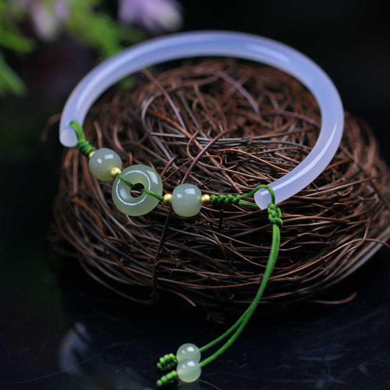 Natural White Agate and Hetian Jade Ping An Kou Peace Buckle Bangle Bracelet