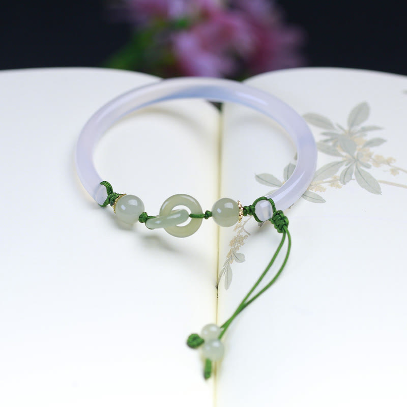 Natural White Agate Hetian Jade Beads Interlocking Positive Bracelet Bangle