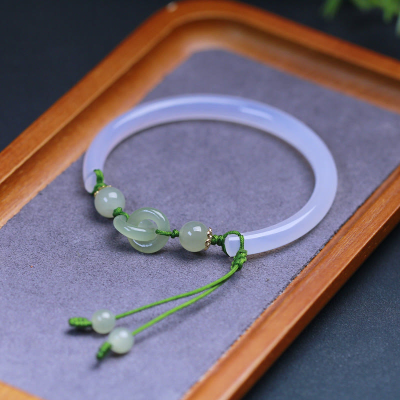 Natural White Agate Hetian Jade Beads Interlocking Positive Bracelet Bangle