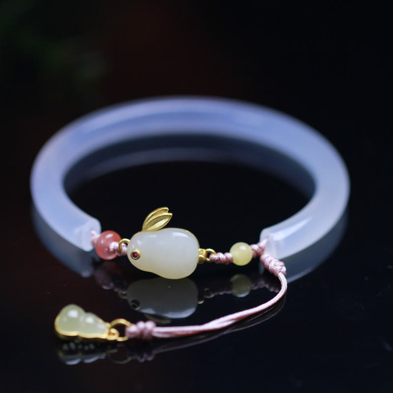 Natural White Agate Hetian Jade Rabbit Positive Bracelet Bangle