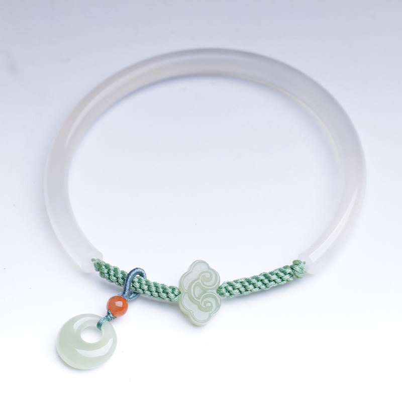 Natural White Agate Hetian Jade Peace Buckle Auspicious Clouds Positive Bracelet Bangle