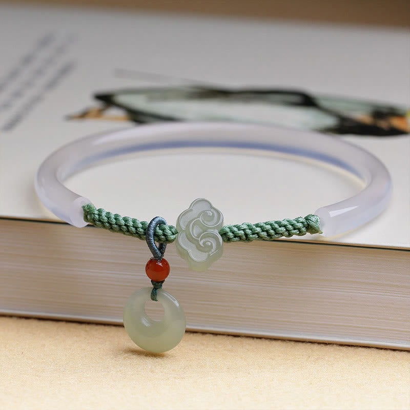 Natural White Agate Hetian Jade Peace Buckle Auspicious Clouds Positive Bracelet Bangle