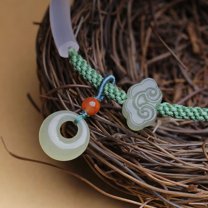 Natural White Agate Hetian Jade Peace Buckle Auspicious Clouds Positive Bracelet Bangle