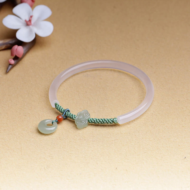 Natural White Agate Hetian Jade Peace Buckle Auspicious Clouds Positive Bracelet Bangle