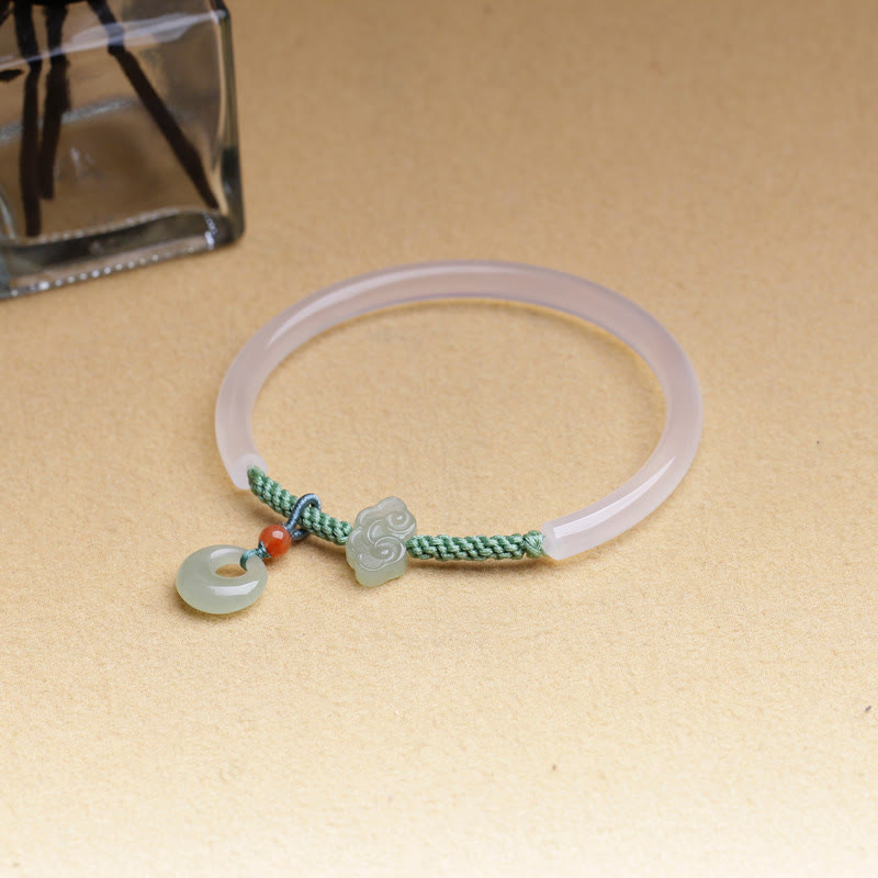 Natural White Agate Hetian Jade Peace Buckle Auspicious Clouds Positive Bracelet Bangle