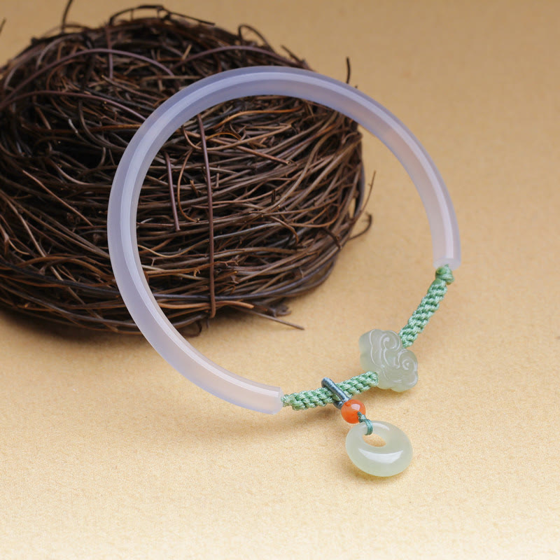 Natural White Agate Hetian Jade Peace Buckle Auspicious Clouds Positive Bracelet Bangle