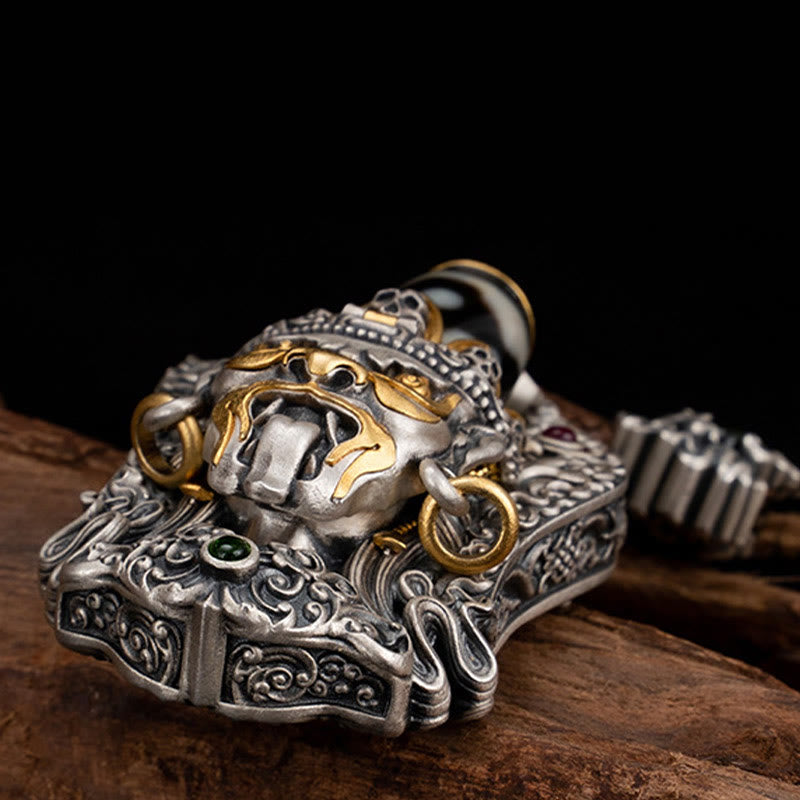 925 Sterling Silver Tibetan Zakiram Goddess of Wealth Dzi Bead Protection Necklace Pendant