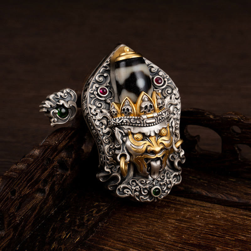 925 Sterling Silver Tibetan Zakiram Goddess of Wealth Dzi Bead Protection Necklace Pendant