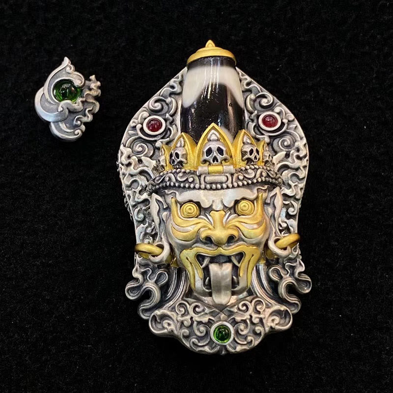 925 Sterling Silver Tibetan Zakiram Goddess of Wealth Dzi Bead Protection Necklace Pendant