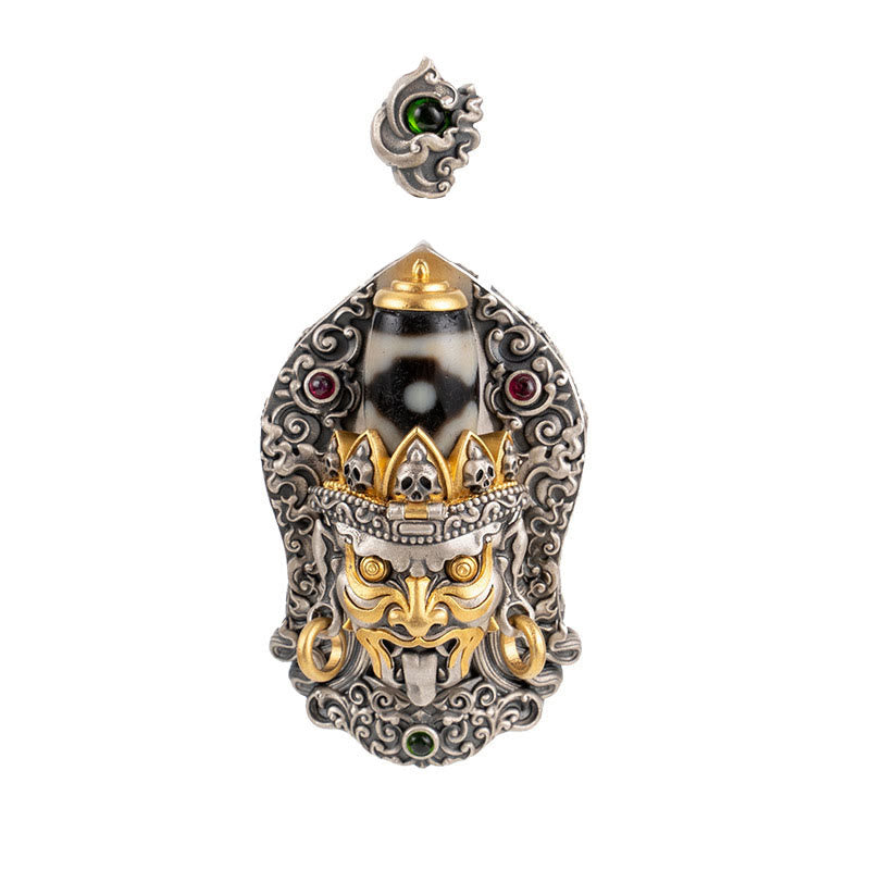 925 Sterling Silver Tibetan Zakiram Goddess of Wealth Dzi Bead Protection Necklace Pendant