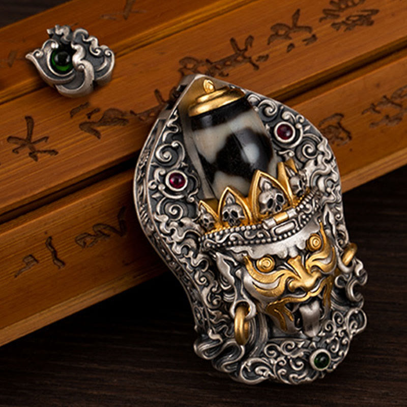 925 Sterling Silver Tibetan Zakiram Goddess of Wealth Dzi Bead Protection Necklace Pendant