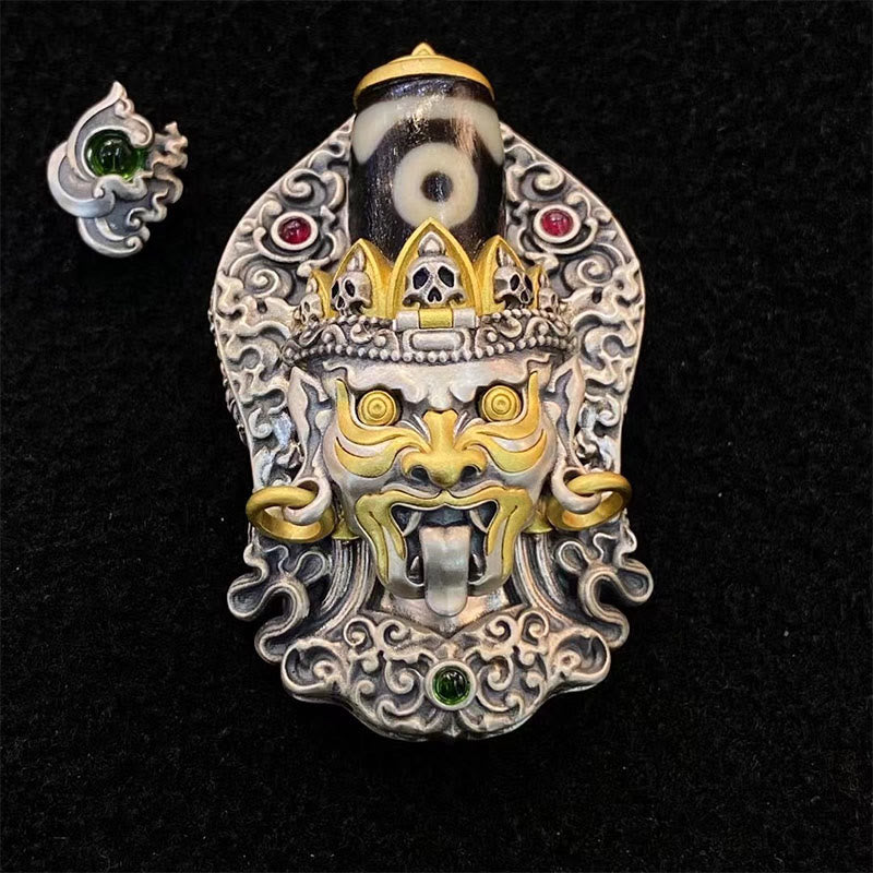 925 Sterling Silver Tibetan Zakiram Goddess of Wealth Dzi Bead Protection Necklace Pendant