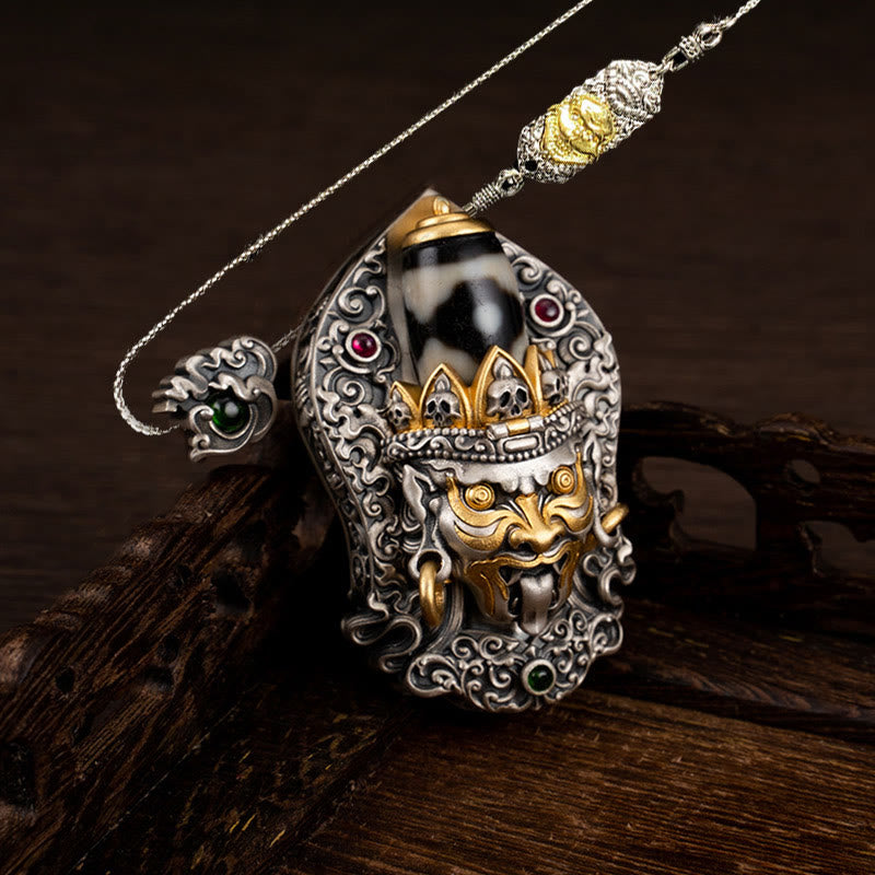 925 Sterling Silver Tibetan Zakiram Goddess of Wealth Dzi Bead Protection Necklace Pendant