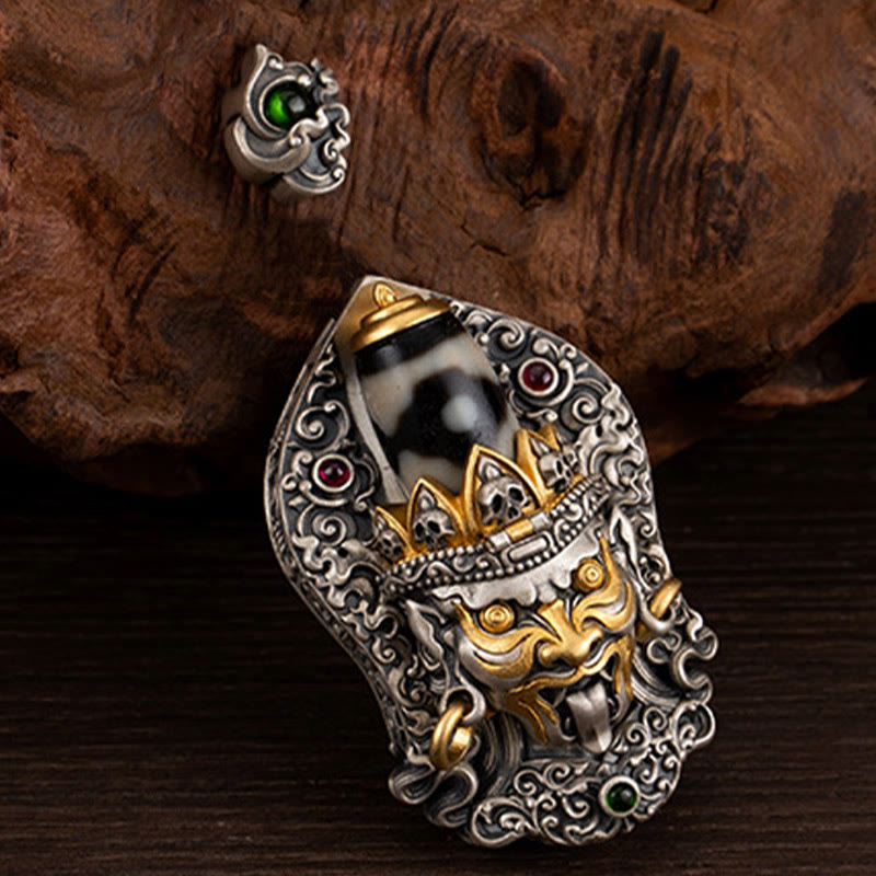 925 Sterling Silver Tibetan Zakiram Goddess of Wealth Dzi Bead Protection Necklace Pendant