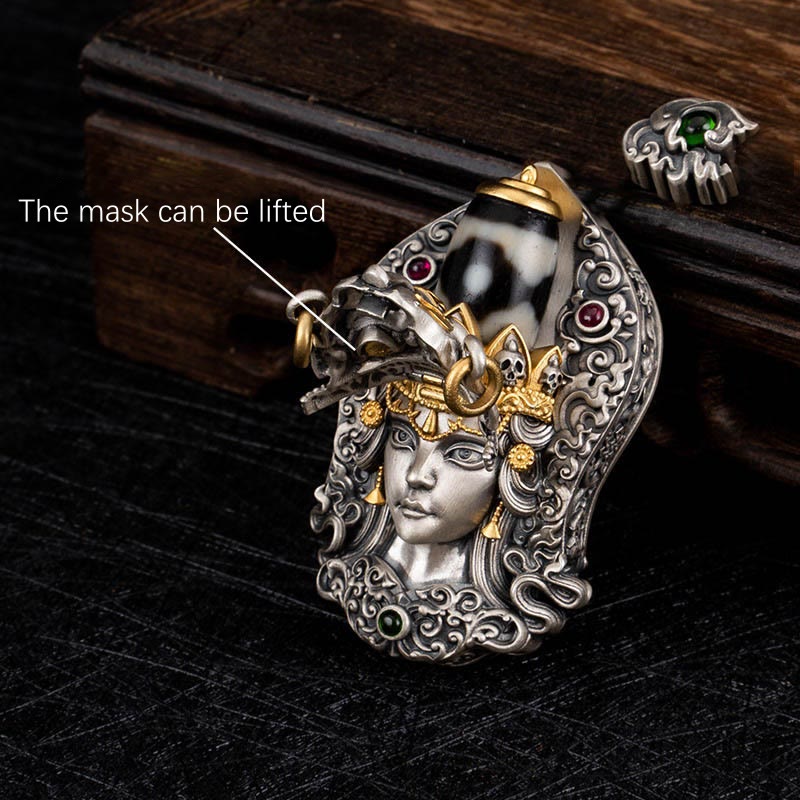 925 Sterling Silver Tibetan Zakiram Goddess of Wealth Dzi Bead Protection Necklace Pendant