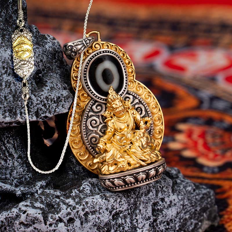 925 Sterling Silver Tibet Yellow Jambhala God of Wealth Dzi Bead Om Mani Padme Hum Happiness Necklace Pendant