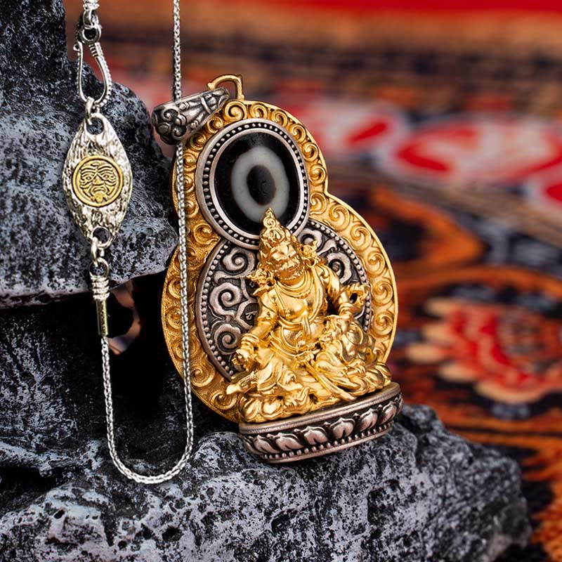 925 Sterling Silver Tibet Yellow Jambhala God of Wealth Dzi Bead Om Mani Padme Hum Happiness Necklace Pendant