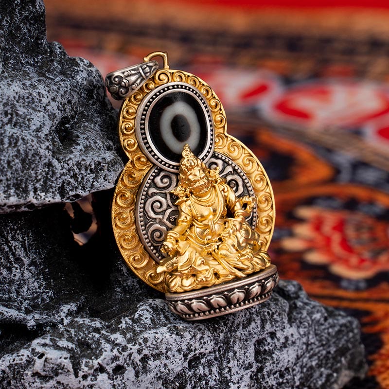 925 Sterling Silver Tibet Yellow Jambhala God of Wealth Dzi Bead Om Mani Padme Hum Happiness Necklace Pendant