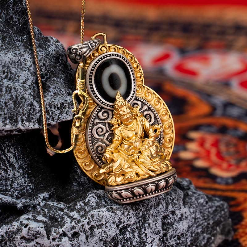 925 Sterling Silver Tibet Yellow Jambhala God of Wealth Dzi Bead Om Mani Padme Hum Happiness Necklace Pendant