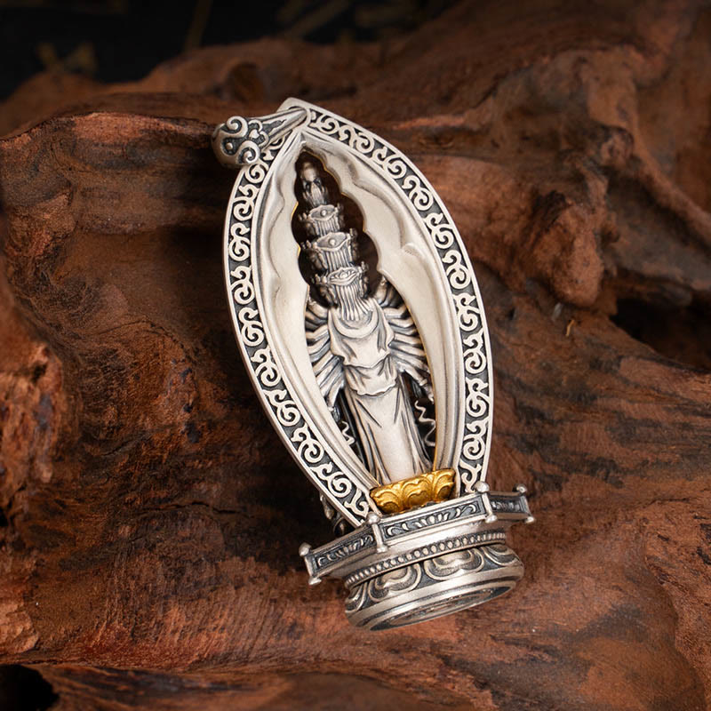 925 Sterling Silver Thousand-armed Guanyin Kwan Yin Avalokiteśvara Wealth Necklace Pendant