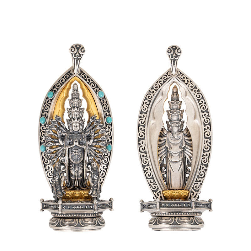 925 Sterling Silver Thousand-armed Guanyin Kwan Yin Avalokiteśvara Wealth Necklace Pendant