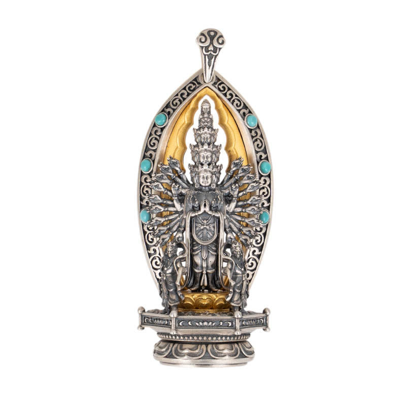925 Sterling Silver Thousand-armed Guanyin Kwan Yin Avalokiteśvara Wealth Necklace Pendant