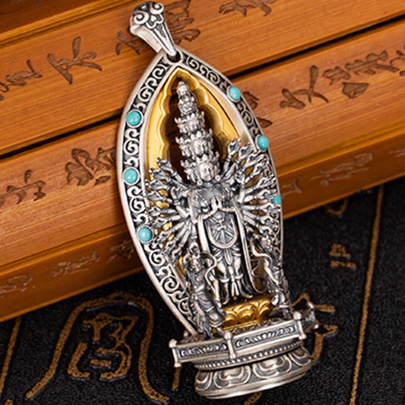 925 Sterling Silver Thousand-armed Guanyin Kwan Yin Avalokiteśvara Wealth Necklace Pendant