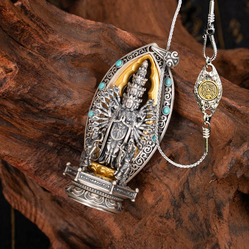 925 Sterling Silver Thousand-armed Guanyin Kwan Yin Avalokiteśvara Wealth Necklace Pendant